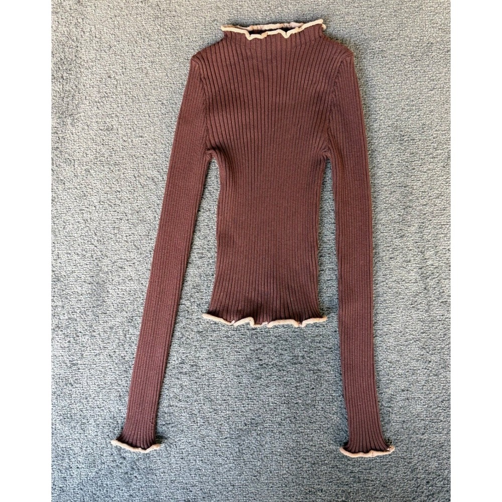 Altar'd State Brown Ribbed Mock Neck Lettuce Edge Long Sleeve Top XS